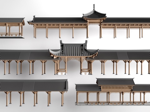 中式长廊 中式廊架 中式连廊su模型