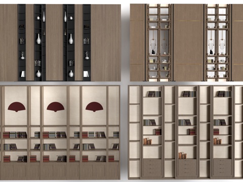 新中式装饰架 博古架 书架 置物架su模型