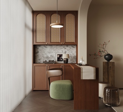 中古风阳台茶室 茶桌椅 茶台su模型