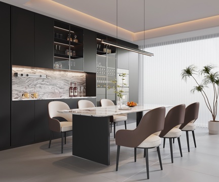 现代意式餐厅 餐桌椅 餐边柜 酒柜su模型