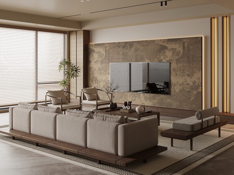 新中式客厅 沙发茶几组合 电视背景墙su模型