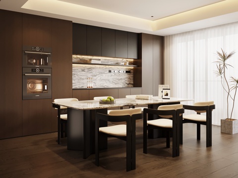 现代意式餐厅 餐桌椅 餐边柜su模型