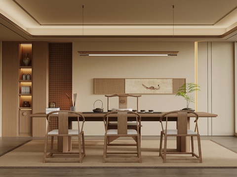 新中式茶室 茶桌椅 玄关柜su模型