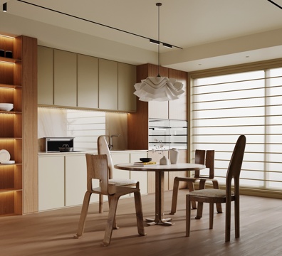 现代中古风餐厅 餐桌椅 圆桌 餐边柜su模型