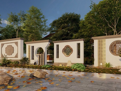 新中式镂空雕景墙 花围墙景墙 影壁 别墅庭院照壁su模型