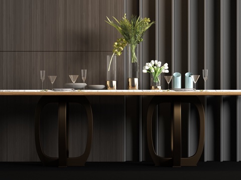 现代金属大理石餐桌 餐具 饰品组合3d模型