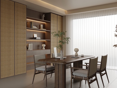 新中式书房 书桌椅su模型