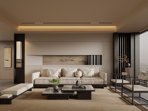 新中式客厅 沙发茶几组合 背景墙su模型