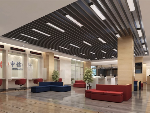 现代 中信银行营业大厅 银行 填单台 取号机 窗口3d模型