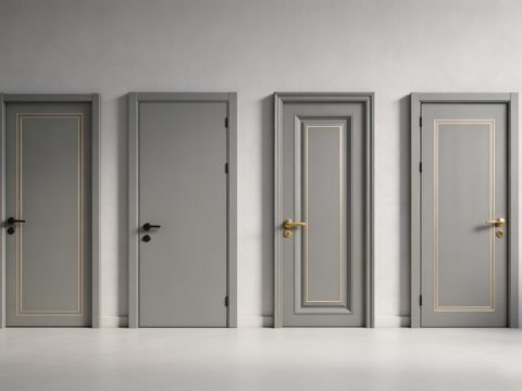 现代轻奢灰色室内门 带金色矩形装饰线条 金色把手 卧室书房门su模型