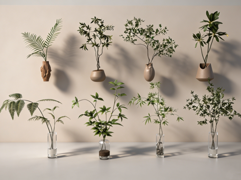 侘寂风水培墙挂植物 陶瓷盆玻璃瓶 网红绿植 茶室软装 盆栽组su模型