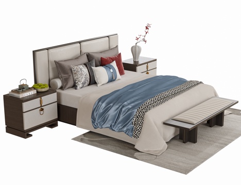 新中式双人床 床头柜 床尾凳su模型