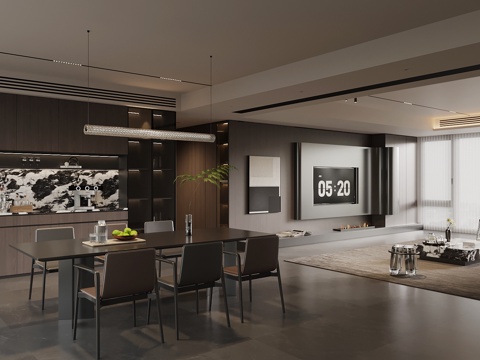 现代意式客餐厅 沙发茶几组合 电视背景墙 酒柜su模型