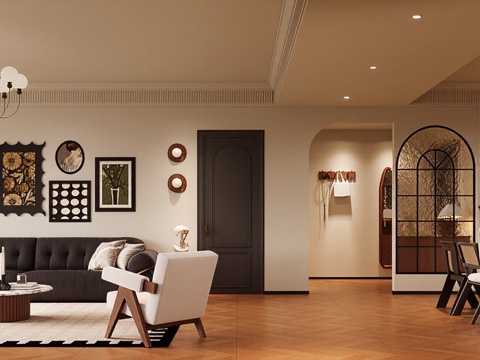  法式复古家居客餐厅 法式中古风客厅 复古风沙发茶几 法式客厅3d模型 