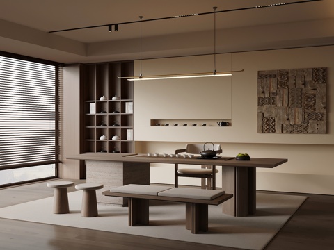 新中式茶室 茶桌椅 茶室背景墙su模型