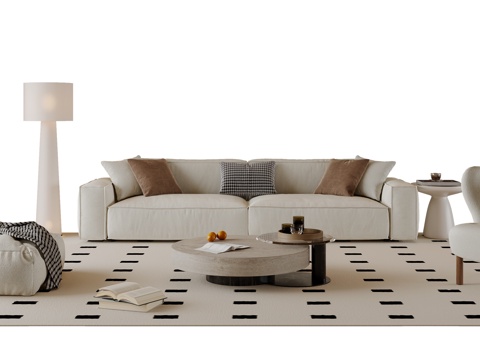 奶油风沙发茶几组合 多人沙发 布艺沙发 休闲椅 地毯su模型