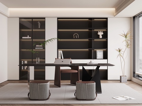 现代书房 书桌椅 书柜su模型