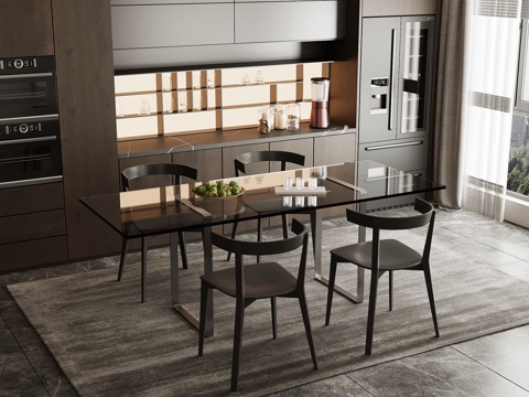 现代意式餐厅 餐桌椅 餐边柜su模型