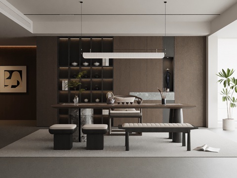 现代意式茶室 茶桌椅 茶柜su模型