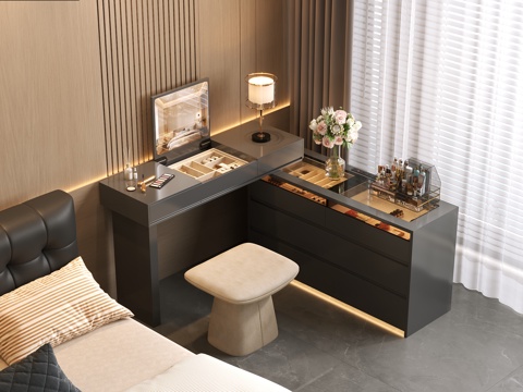 现代轻奢风格卧室  家具梳妆台  灯光齐全  镜子3d模型