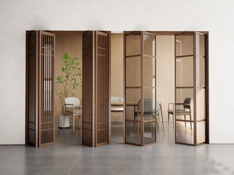 新中式折叠门 简约折叠门 新中式阳台折叠门 折叠木门su模型