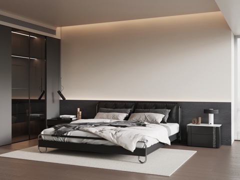 现代意式卧室 双人床su模型