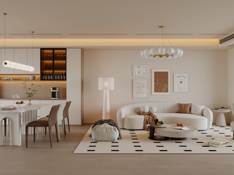 奶油风客餐厅 沙发茶几 茶桌椅 餐边柜 吊灯 挂画 地毯su模型