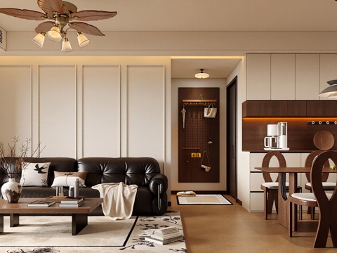  法式复古家居客餐厅 法式中古风客厅 复古风沙发茶几 法式客厅3d模型 