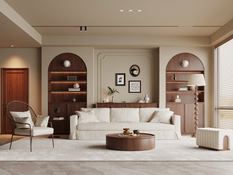 法式中古风客厅 家居客厅 沙发茶几组合 置物柜背景墙su模型