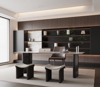 现代意式书房 书桌椅 书柜 置物柜su模型