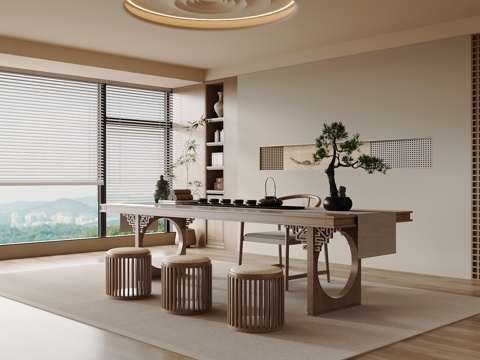 新中式茶室 茶桌椅su模型