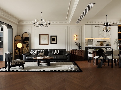  法式复古家居客餐厅 法式中古风客厅 复古风沙发茶几 法式客厅3d模型 