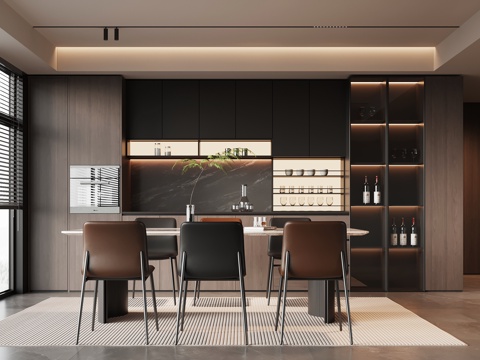 现代意式餐厅 餐桌椅 餐边柜su模型