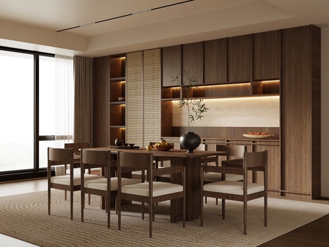 新中式餐厅 餐桌椅 餐柜su模型