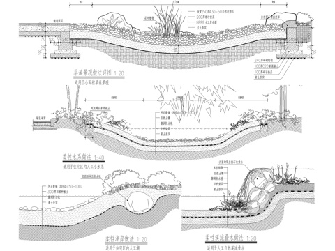 旱溪柔性水系湖岸溪流叠水节点CAD施工图cad施工图