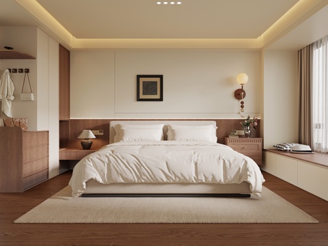 现代中古风家居卧室 双人床 衣柜3d模型