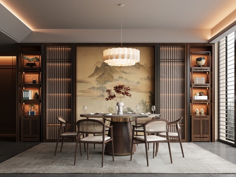 新中式餐厅 餐桌椅su模型