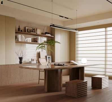 现代中古风书房 书柜 书桌椅su模型