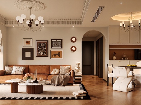  法式复古家居客餐厅 法式中古风客厅 复古风沙发茶几 法式客厅3d模型 