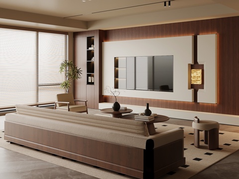 中古风客厅 电视背景墙 沙发茶几组合su模型