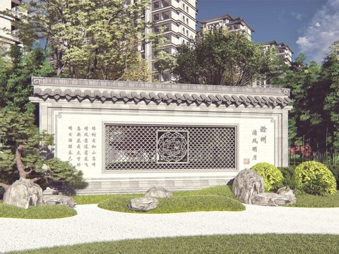 中式景墙 照壁 直线 入口景墙 镂空入口su模型