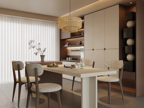 现代中古风餐厅 餐桌椅 餐边柜 岛台su模型