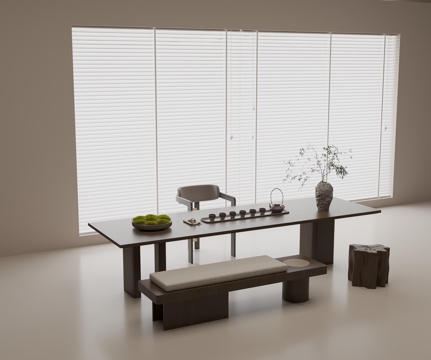 现代茶桌椅组合 实木茶桌 实木单椅 实木长椅 茶具组合su模型