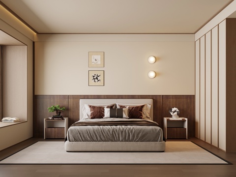 中古风卧室 床 床头柜 衣柜su模型