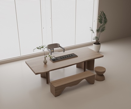 现代茶桌椅组合 实木茶桌 实木单椅 实木长椅 茶具组合su模型