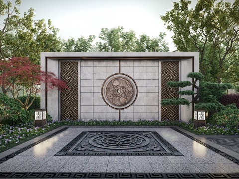 新中式景观墙 对景景墙 入口景墙 直线 庭院景墙su模型