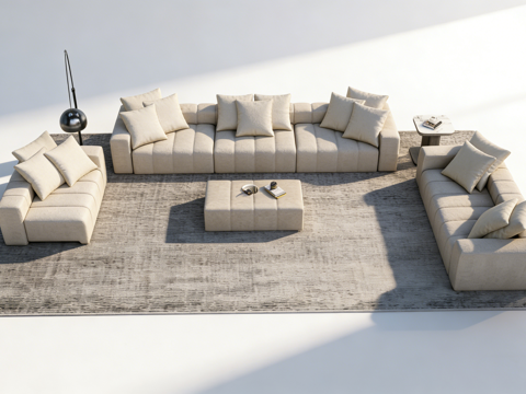 ​ 现代简约浅米色L型布艺沙发 组合沙发 浅米色沙发 黑色落su模型