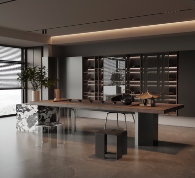 现代意式茶室 茶桌椅 背景墙茶柜su模型