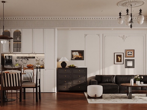  法式复古家居客餐厅 法式中古风客厅 复古风沙发茶几 法式客厅3d模型 