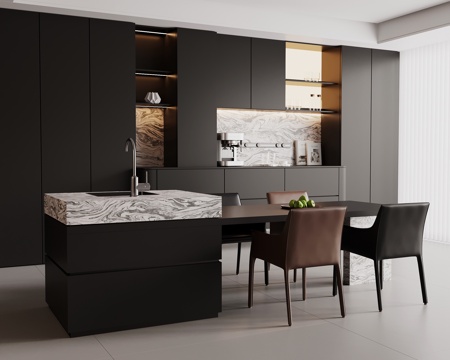 现代意式餐厅 餐桌椅 餐边柜su模型